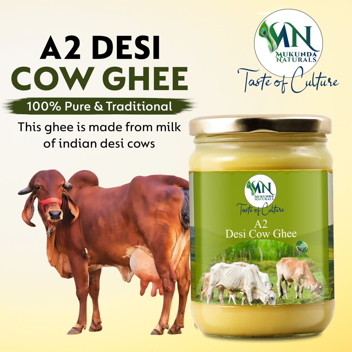 Mukunda Naturals A2 Gir Cow Ghee | Pure and Traditional Bilona Method Desi Cow Ghee | Grass Fed and Nutrient Rich A2 Ghee for Cooking and Ayurveda | Glass Bottle (500ML)