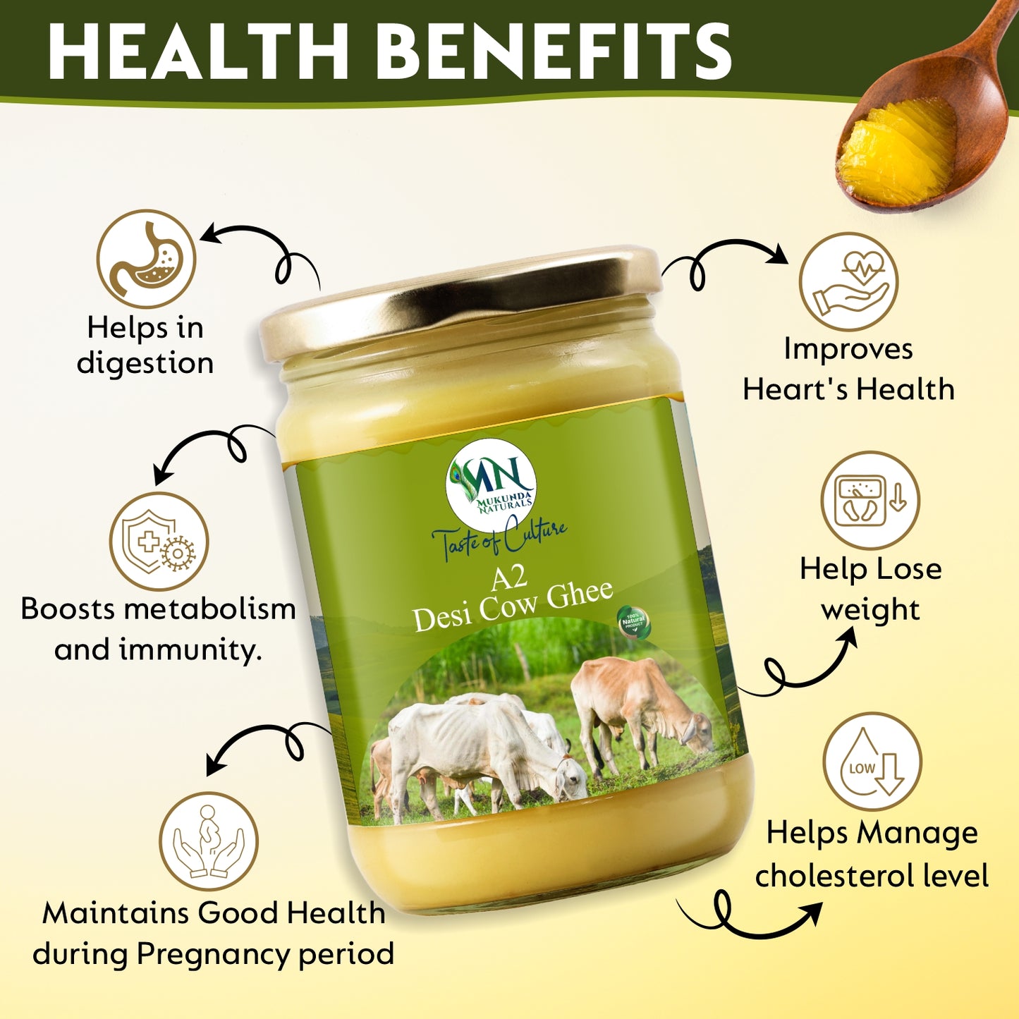 Mukunda Naturals A2 Gir Cow Ghee | Pure and Traditional Bilona Method Desi Cow Ghee | Grass Fed and Nutrient Rich A2 Ghee for Cooking and Ayurveda | Glass Bottle (500ML)