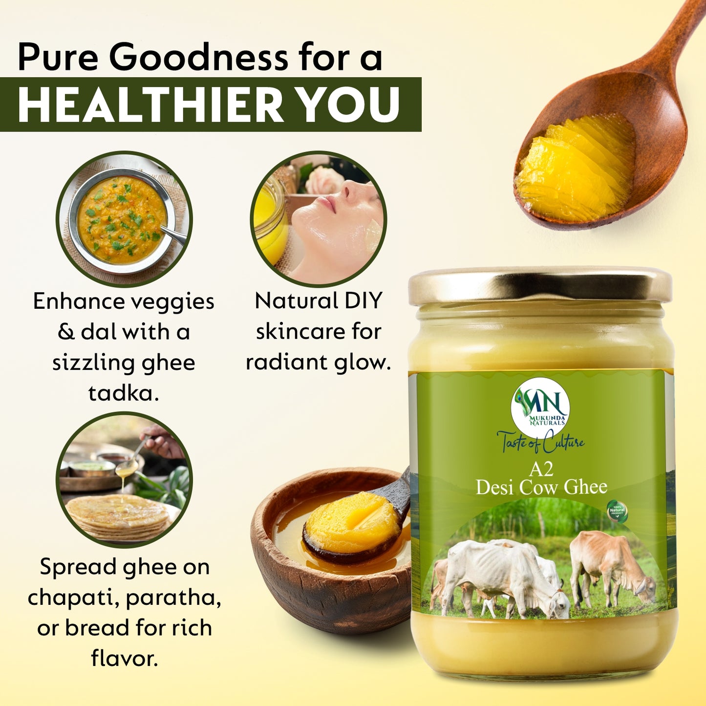 Mukunda Naturals A2 Gir Cow Ghee | Pure and Traditional Bilona Method Desi Cow Ghee | Grass Fed and Nutrient Rich A2 Ghee for Cooking and Ayurveda | Glass Bottle (500ML)