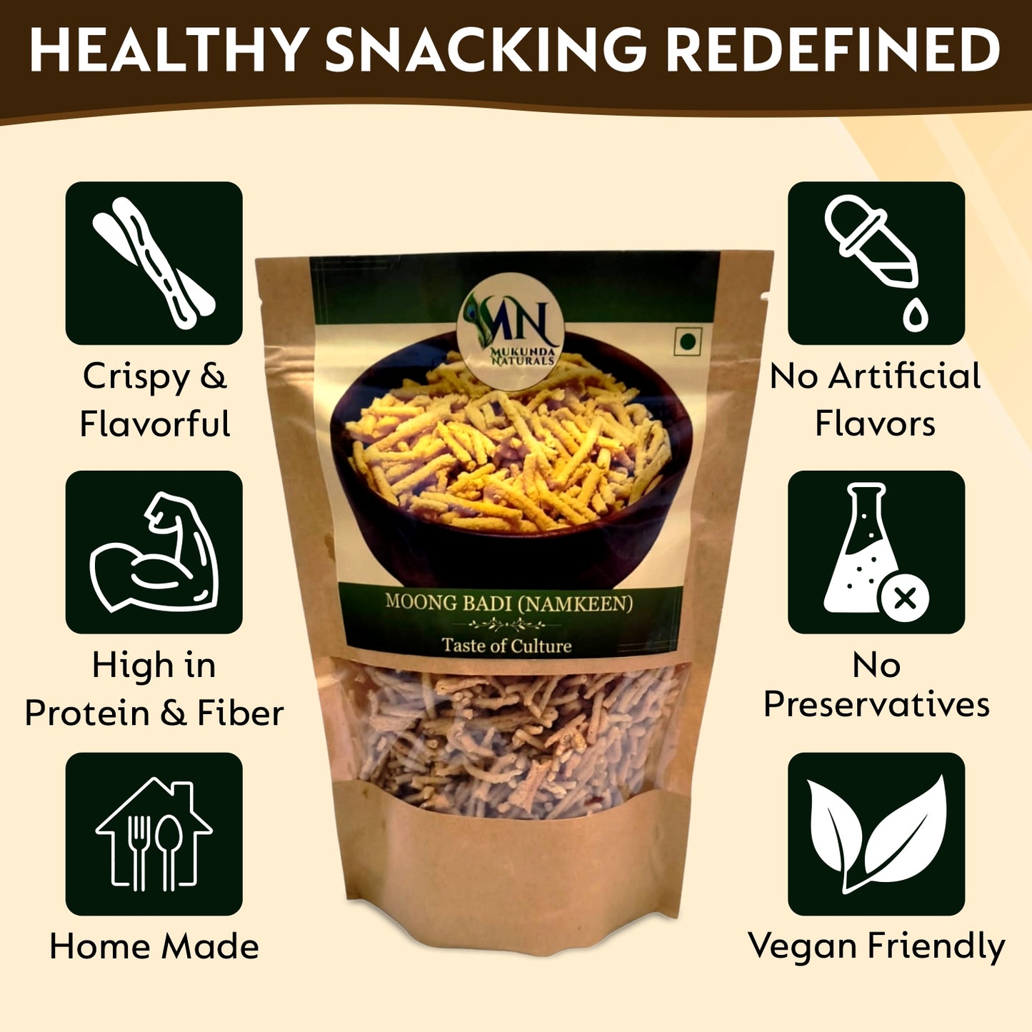 Mukunda Naturals Rajasthani Moong Badi | Traditional Crispy and Protein Rich Snack | No Preservatives or Additives | 300gm