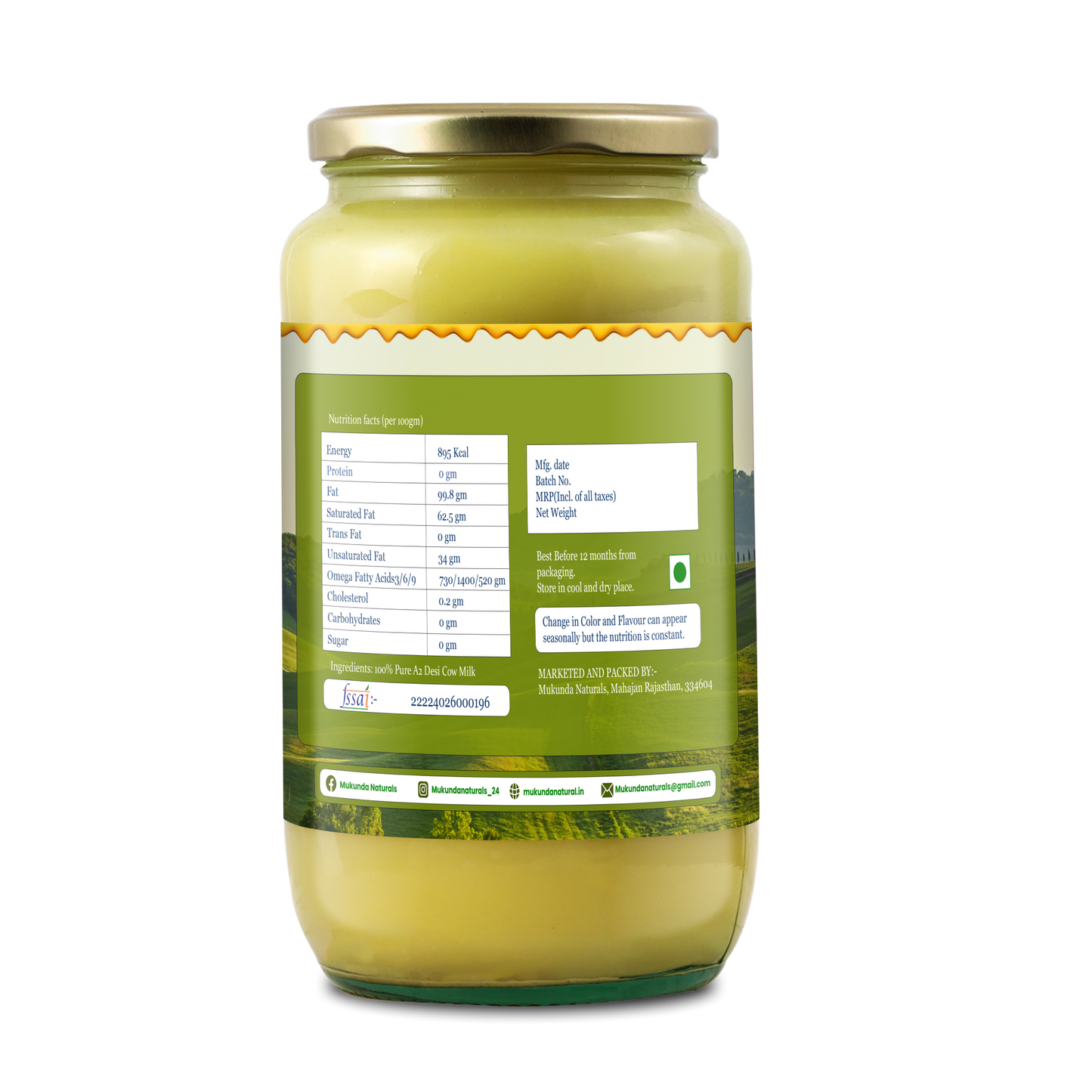 Mukunda Naturals A2 Gir Cow Ghee | Pure and Traditional Bilona Method Desi Cow Ghee | Grass Fed and Nutrient Rich A2 Ghee for Cooking and Ayurveda | Glass Bottle (1000ML (1Ltr))
