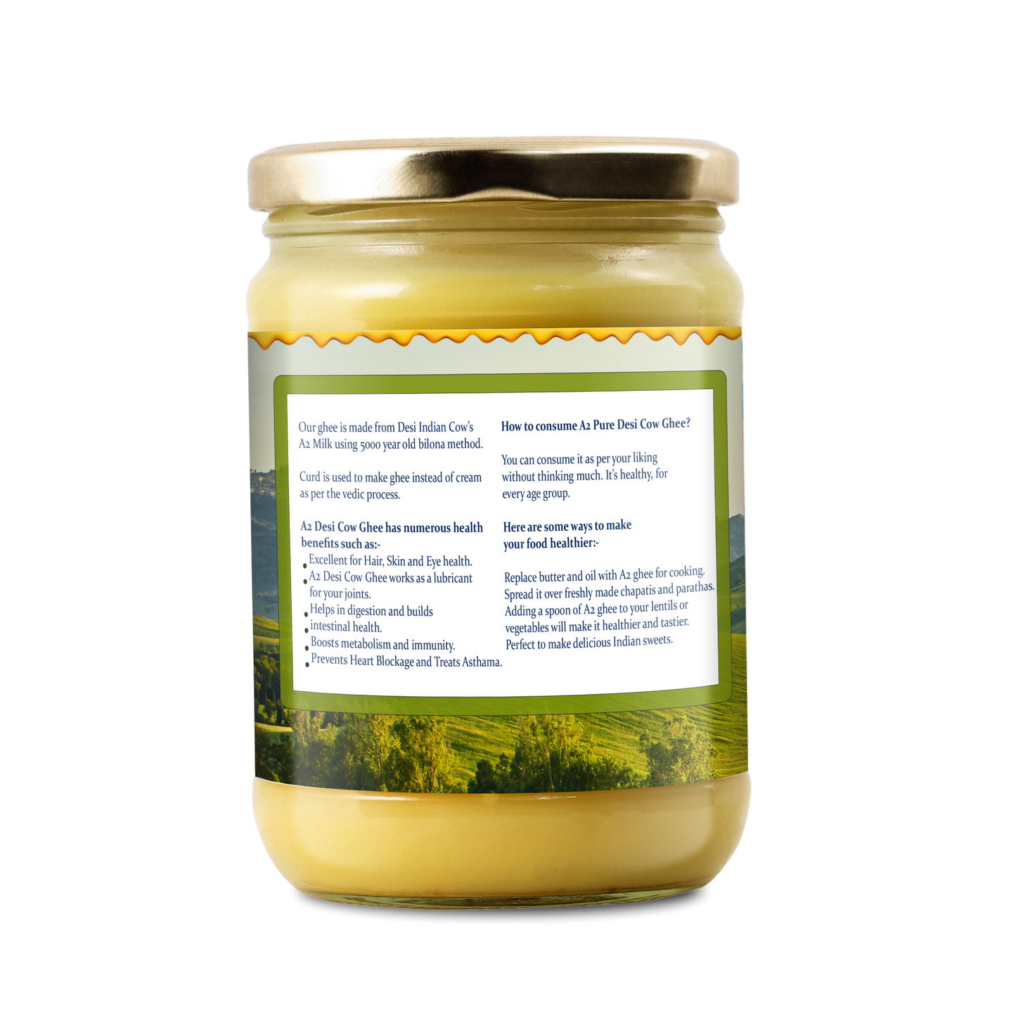 Mukunda Naturals A2 Gir Cow Ghee | Pure and Traditional Bilona Method Desi Cow Ghee | Grass Fed and Nutrient Rich A2 Ghee for Cooking and Ayurveda | Glass Bottle (500ML)