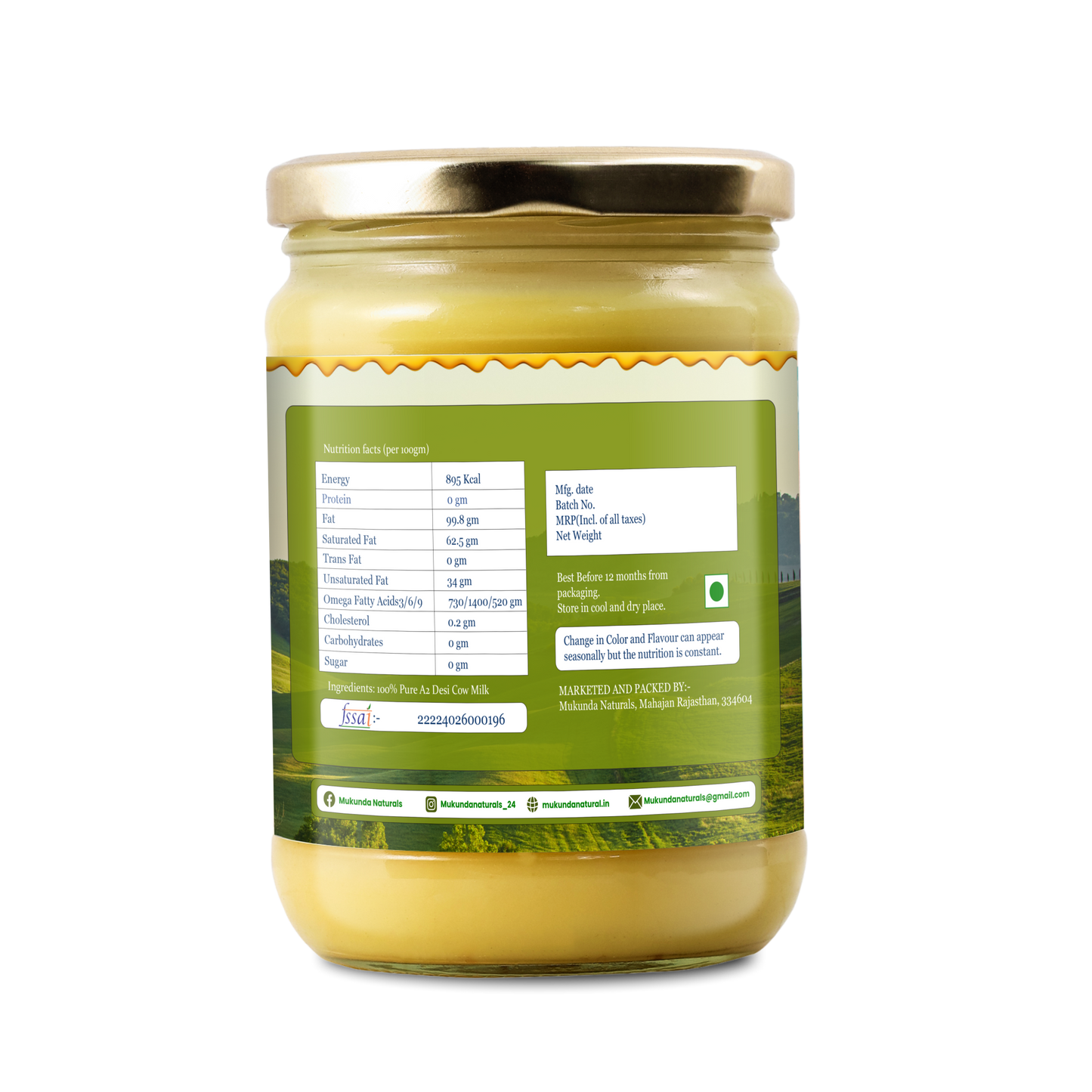 Mukunda Naturals A2 Gir Cow Ghee | Pure and Traditional Bilona Method Desi Cow Ghee | Grass Fed and Nutrient Rich A2 Ghee for Cooking and Ayurveda | Glass Bottle (500ML)